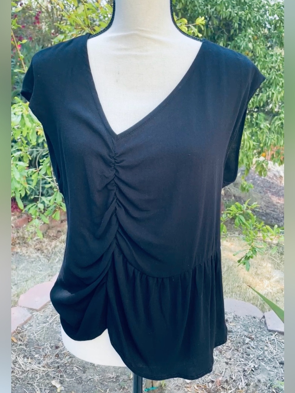NWT Grade & Gather Asymmetrical Shirred Top Blouse Tee Black